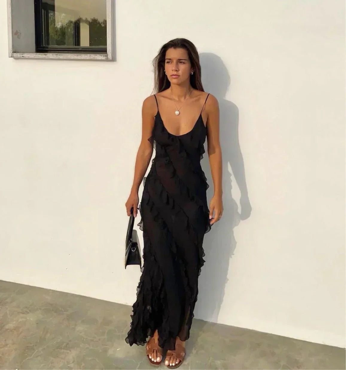 Women's Ruffled Midi Dress with Fitted Bodice and Flowing Skirt