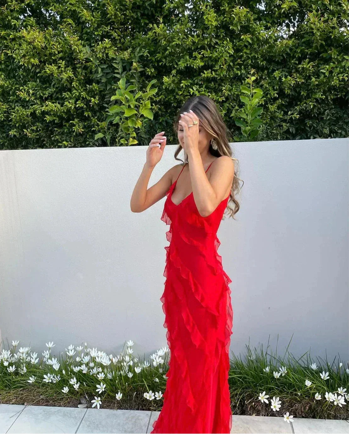 Women's Ruffled Midi Dress with Fitted Bodice and Flowing Skirt