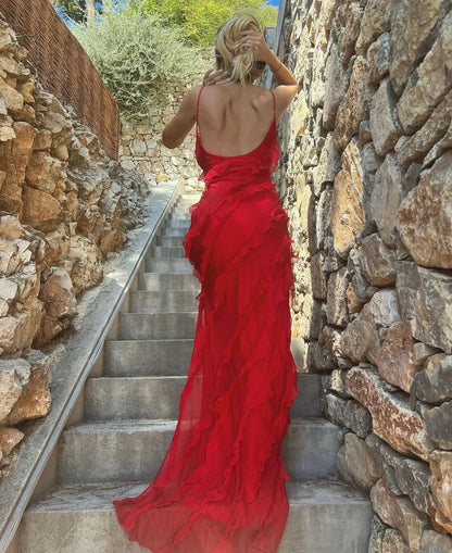 Women's Ruffled Midi Dress with Fitted Bodice and Flowing Skirt