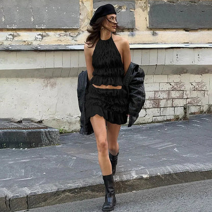 Women's Ruffled Two-Piece Set with Backless Top and Pleated Skirt