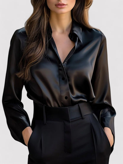 Women's Satin Blouse with Long Sleeve and Fluid Drape