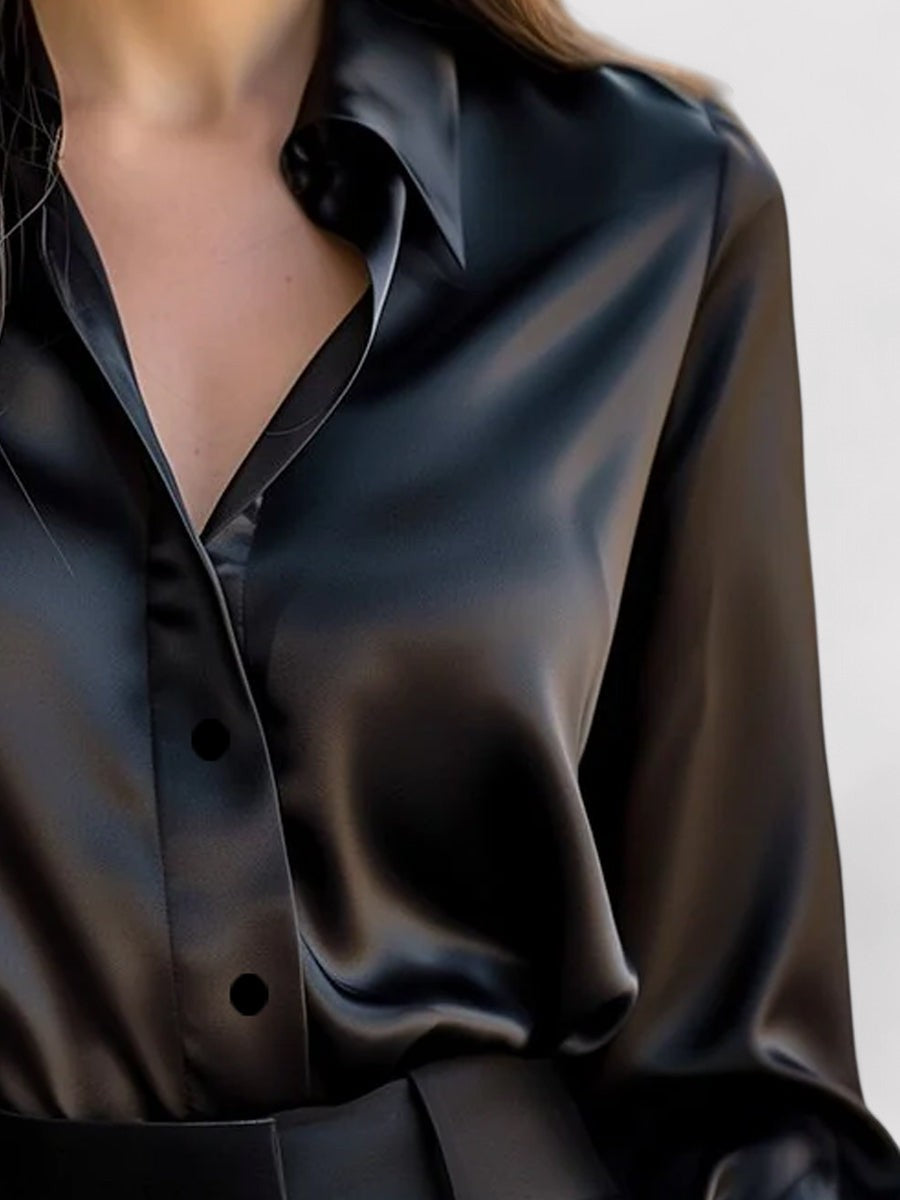 Women's Satin Blouse with Long Sleeve and Fluid Drape