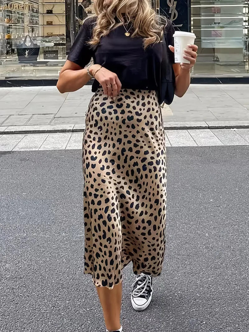 Women's High Waist Satin Midi Skirt with Leopard Print and Elastic Waistband