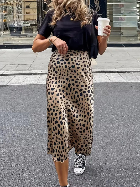 Women's High Waist Satin Midi Skirt with Leopard Print and Elastic Waistband