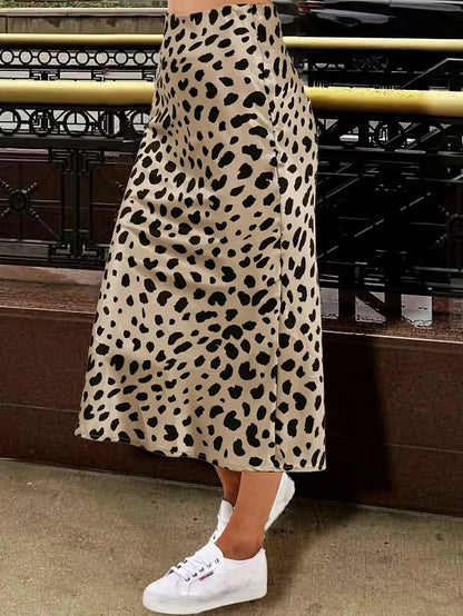 Women's High Waist Satin Midi Skirt with Leopard Print and Elastic Waistband
