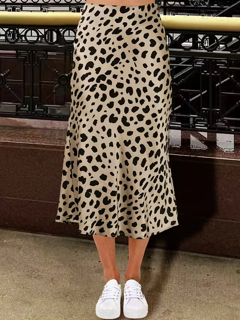 Women's High Waist Satin Midi Skirt with Leopard Print and Elastic Waistband