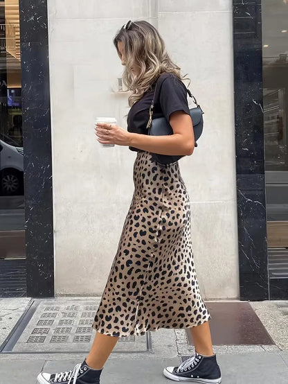 Women's High Waist Satin Midi Skirt with Leopard Print and Elastic Waistband