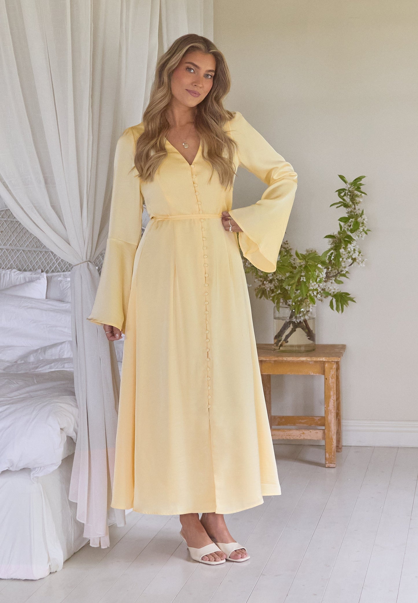 Women's Satin Maxi Dress with Flounce Trumpet Sleeves and V-Neckline