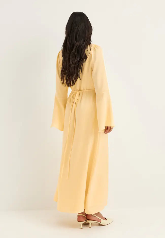 Women's Satin Maxi Dress with Flounce Trumpet Sleeves and V-Neckline