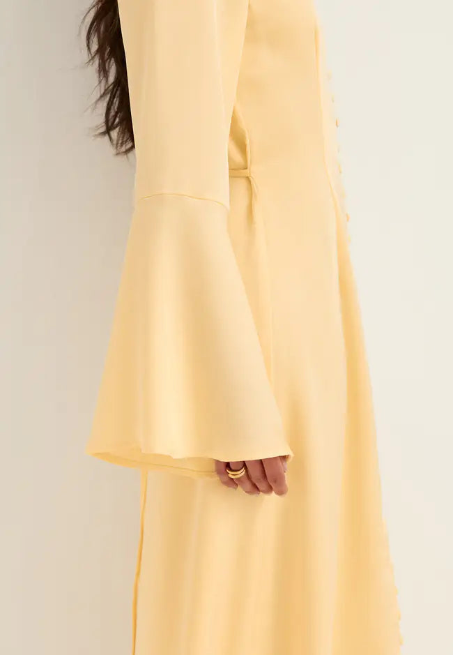 Women's Satin Maxi Dress with Flounce Trumpet Sleeves and V-Neckline