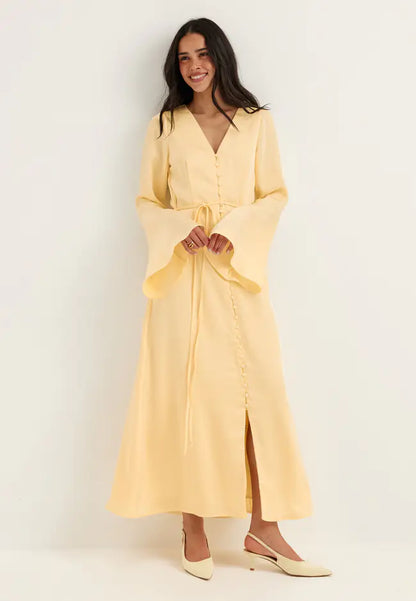 Women's Satin Maxi Dress with Flounce Trumpet Sleeves and V-Neckline