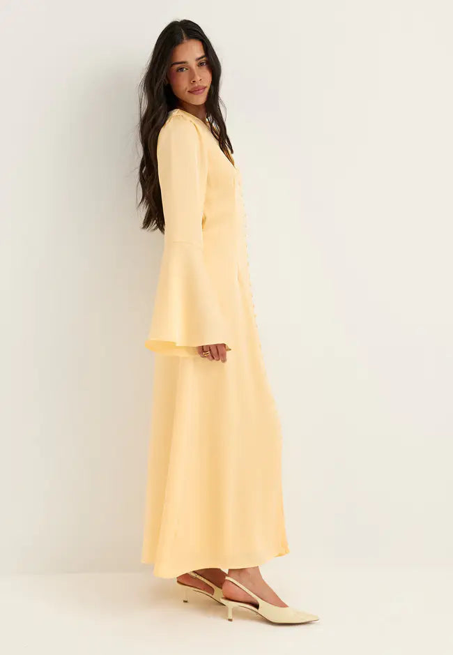 Women's Satin Maxi Dress with Flounce Trumpet Sleeves and V-Neckline