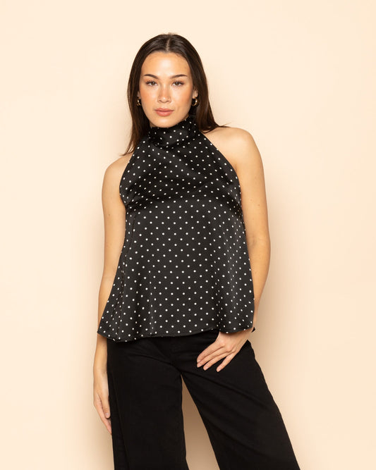 Amy | Women's Satin Polka Dot Halter Top with Tie Neck and Fitted Silhouette, Summer - Black