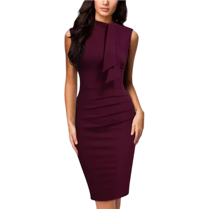 Women's Sheath Midi Dress with V-Neck Wrap Style and Sleeveless Cut