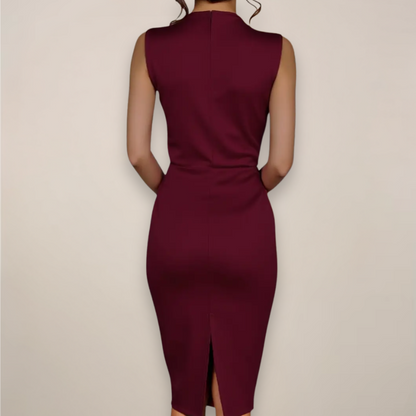 Women's Sheath Midi Dress with V-Neck Wrap Style and Sleeveless Cut
