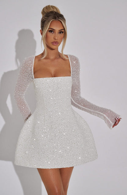 Women's Shimmering Mini Dress with Square Neckline and Flared Skirt