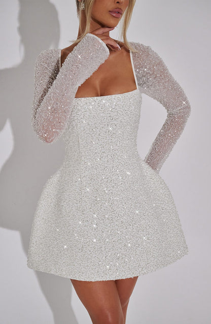Women's Shimmering Mini Dress with Square Neckline and Flared Skirt