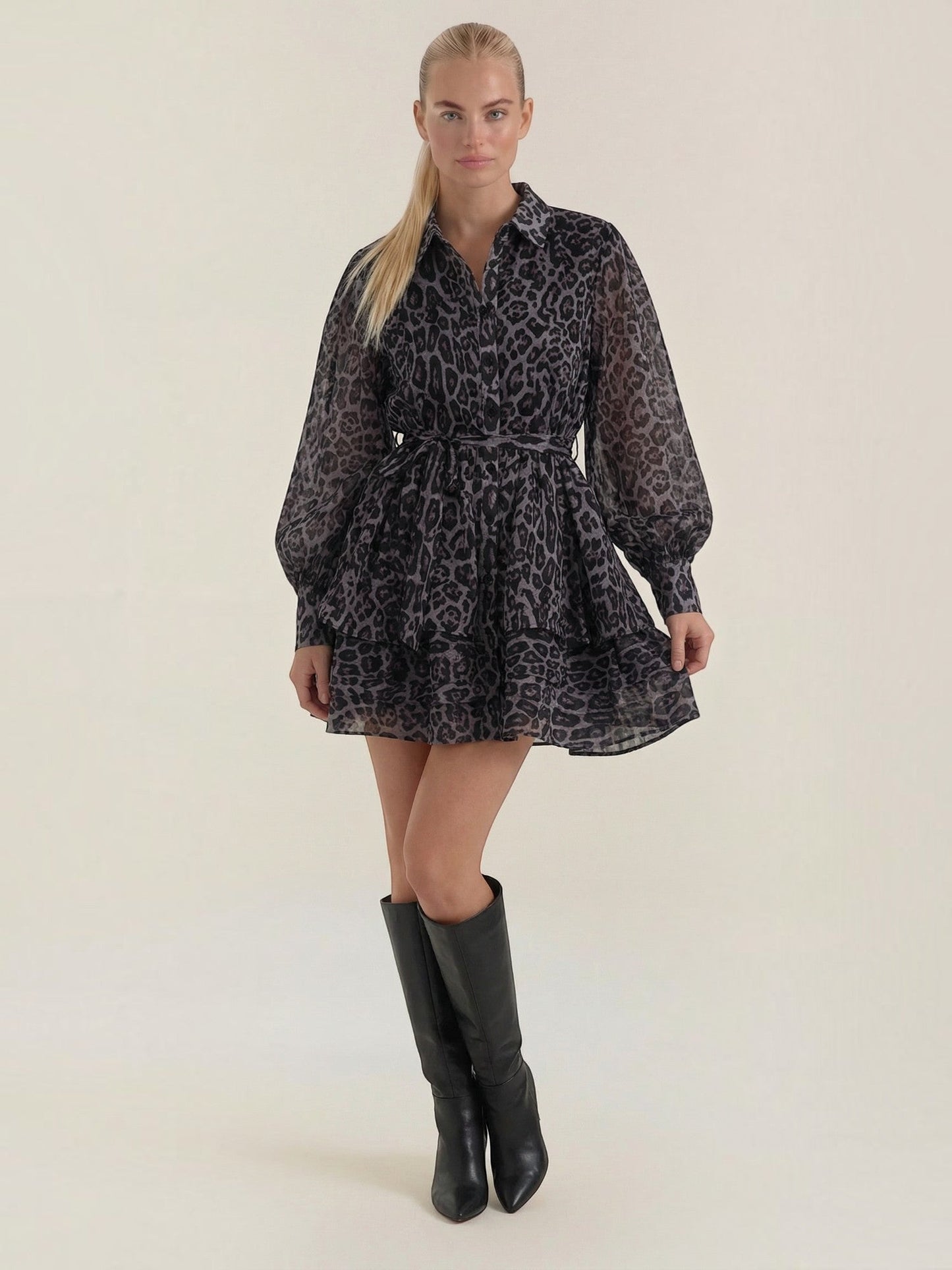 Women's Shirt Mini Dress with Leopard Print