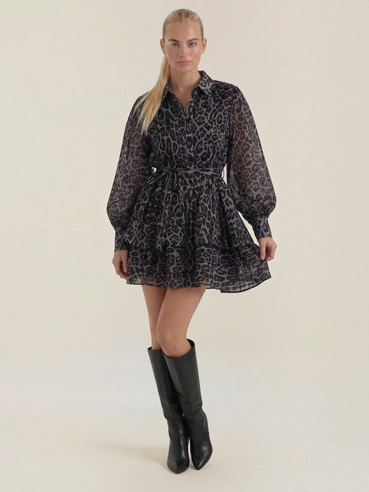 Sophia | Women's Shirt Mini Dress with Leopard Print, Summer - Charcoal