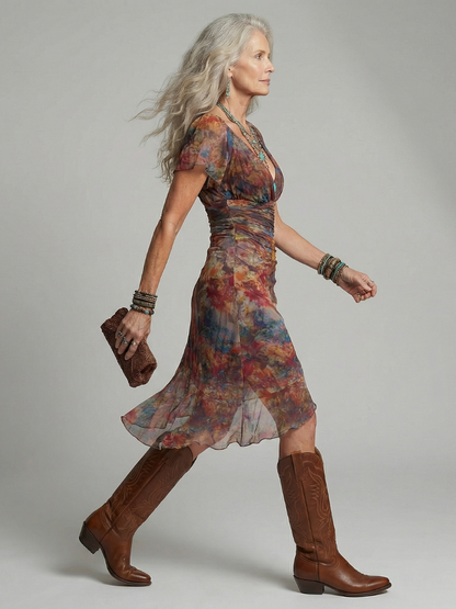 Women's Short Sleeve Midi Dress with Gathered Bodice and Asymmetric Hem