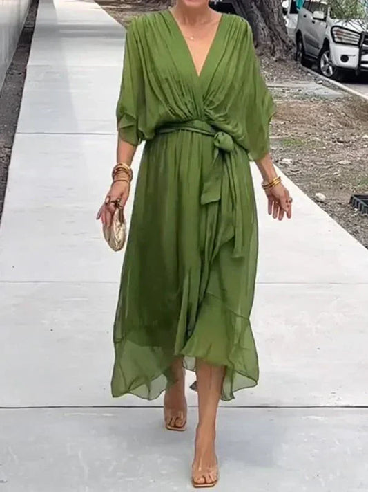 Women's Silk Muslin Maxi Dress with V-Neck and Fluid Silhouette