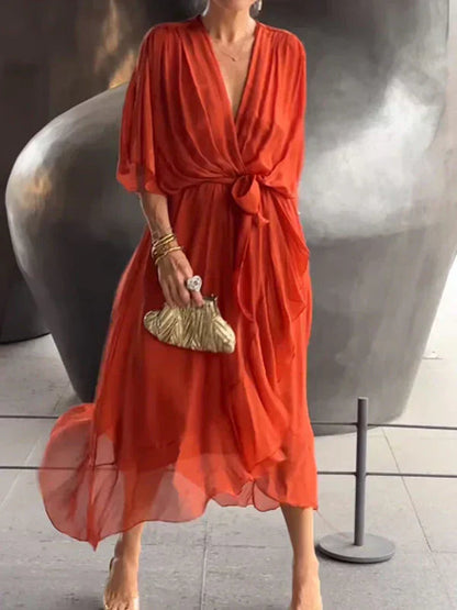 Women's Silk Muslin Maxi Dress with V-Neck and Fluid Silhouette