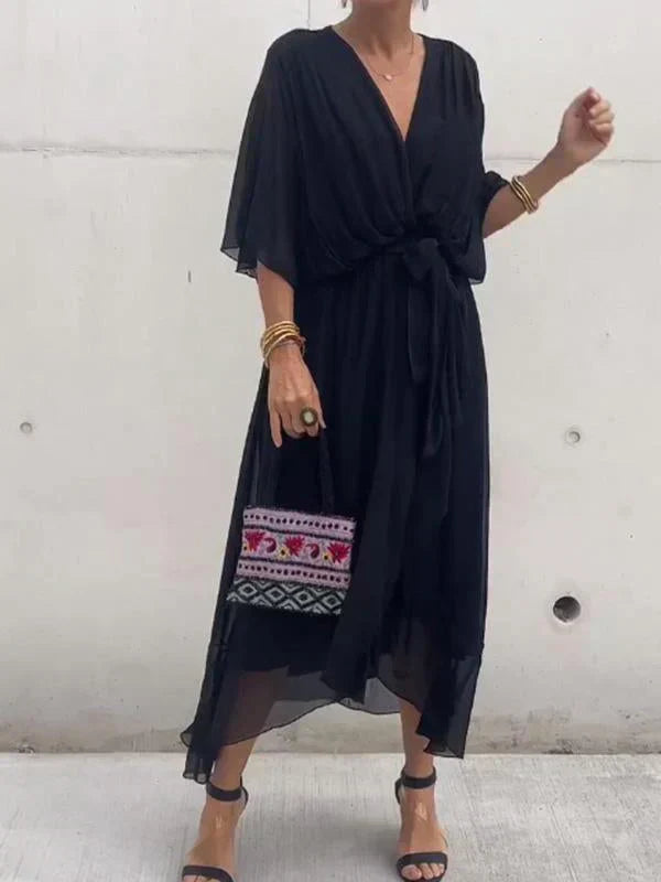Women's Silk Muslin Maxi Dress with V-Neck and Fluid Silhouette