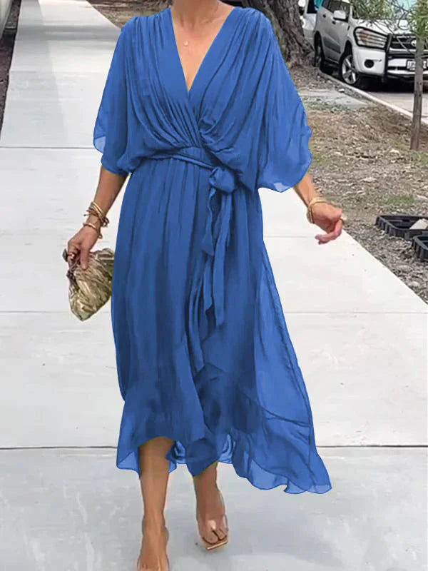Women's Silk Muslin Maxi Dress with V-Neck and Fluid Silhouette