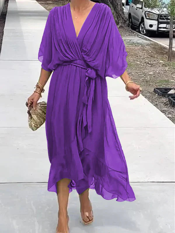 Women's Silk Muslin Maxi Dress with V-Neck and Fluid Silhouette