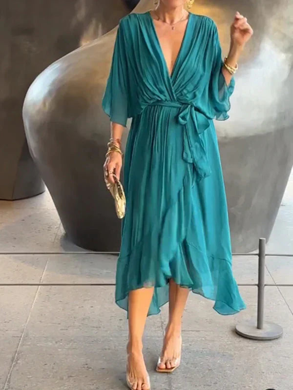 Women's Silk Muslin Maxi Dress with V-Neck and Fluid Silhouette