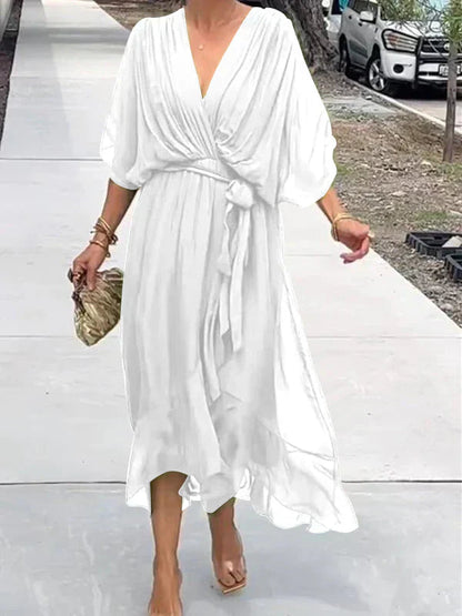Women's Silk Muslin Maxi Dress with V-Neck and Fluid Silhouette