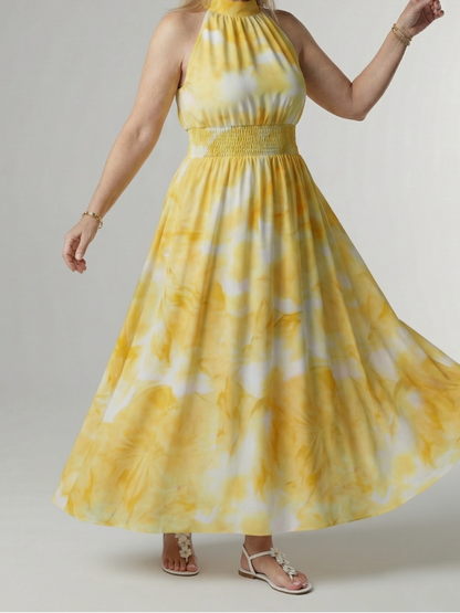 Women's Sleeveless Gathered Halter Midi Dress with Relaxed Fit and Waist Detail