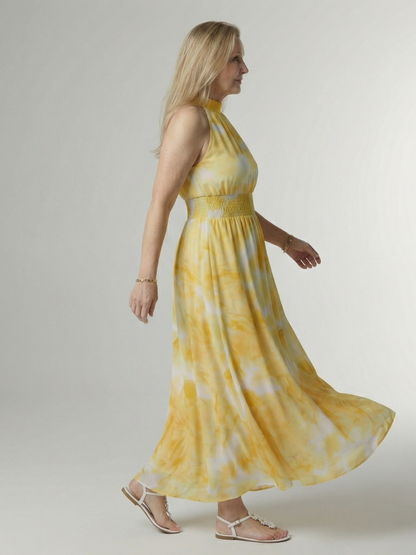 Women's Sleeveless Gathered Halter Midi Dress with Relaxed Fit and Waist Detail