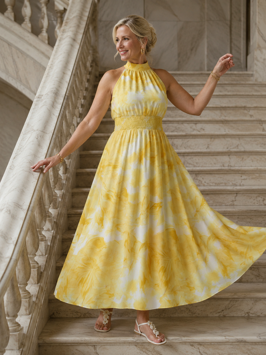 Women's Sleeveless Gathered Halter Midi Dress with Relaxed Fit and Waist Detail