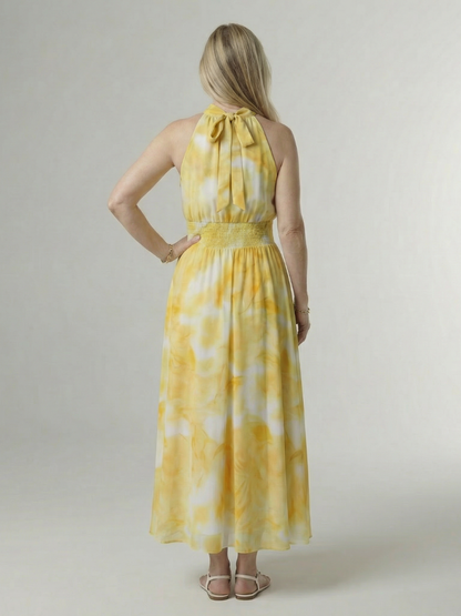 Women's Sleeveless Gathered Halter Midi Dress with Relaxed Fit and Waist Detail