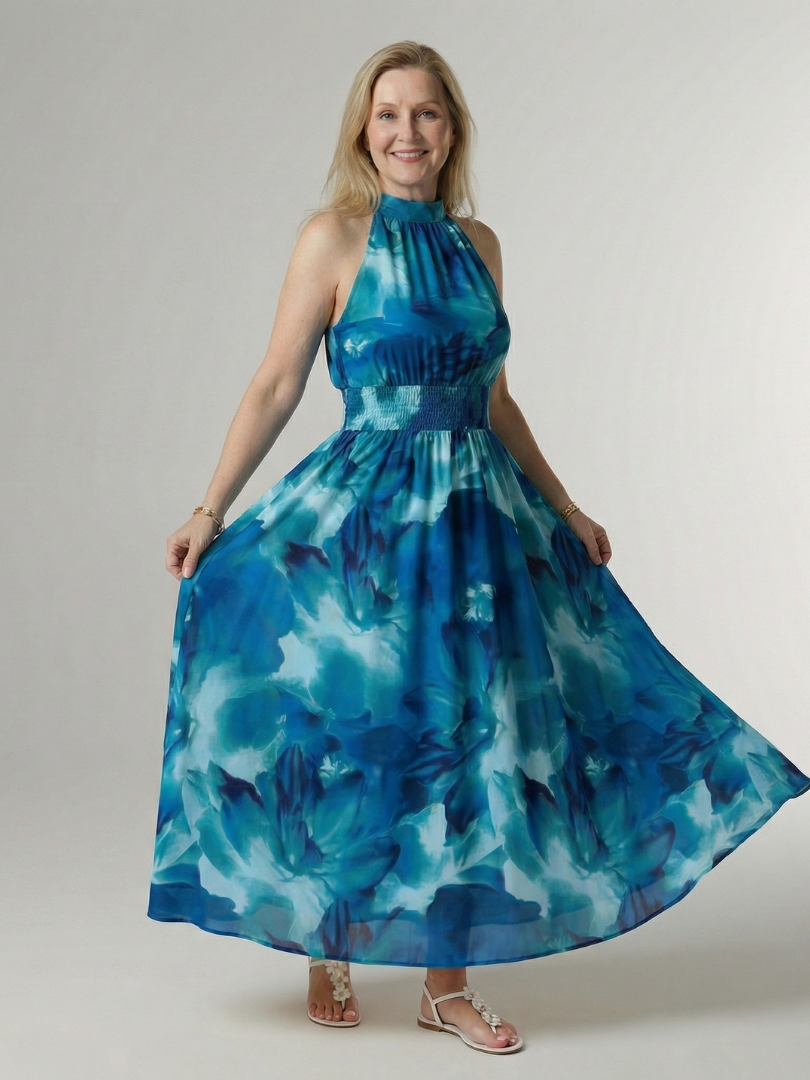 Women's Sleeveless Gathered Halter Midi Dress with Relaxed Fit and Waist Detail