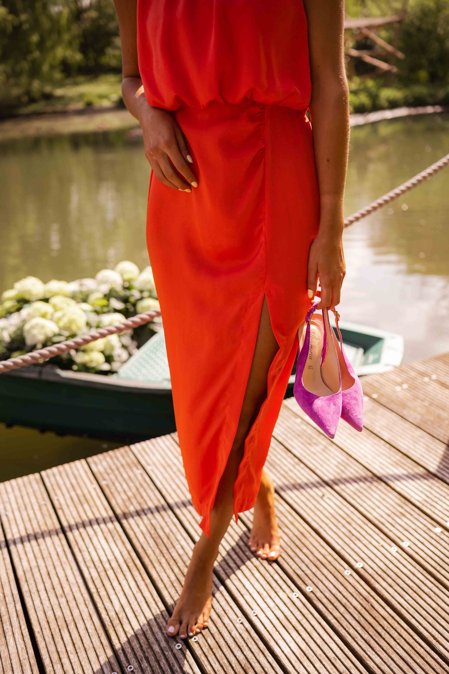Women's Sleeveless Midi Dress with Stand Collar and Side Leg Slit