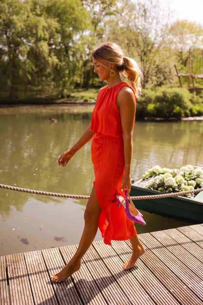 Women's Sleeveless Midi Dress with Stand Collar and Side Leg Slit