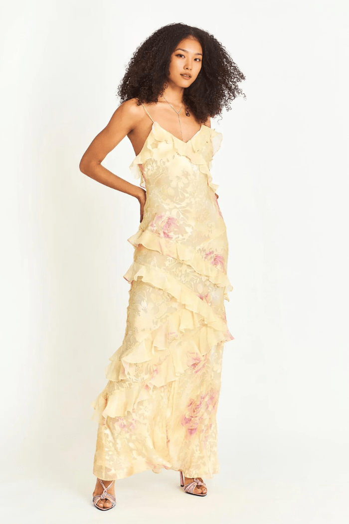 Women's Sleeveless Tiered Maxi Dress with V-Neckline and Floral Print