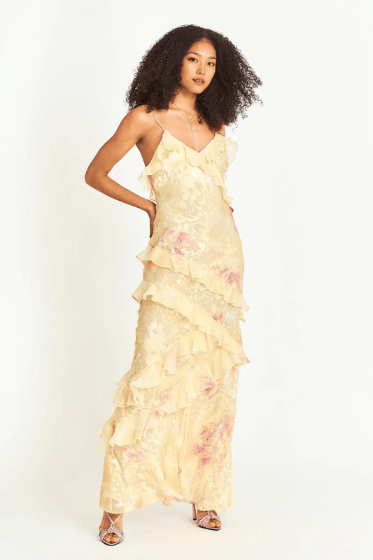 Women's Sleeveless Tiered Maxi Dress with V-Neckline and Floral Print