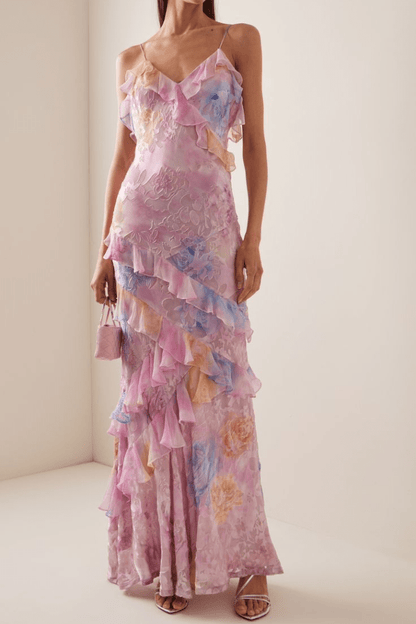 Women's Sleeveless Tiered Maxi Dress with V-Neckline and Floral Print