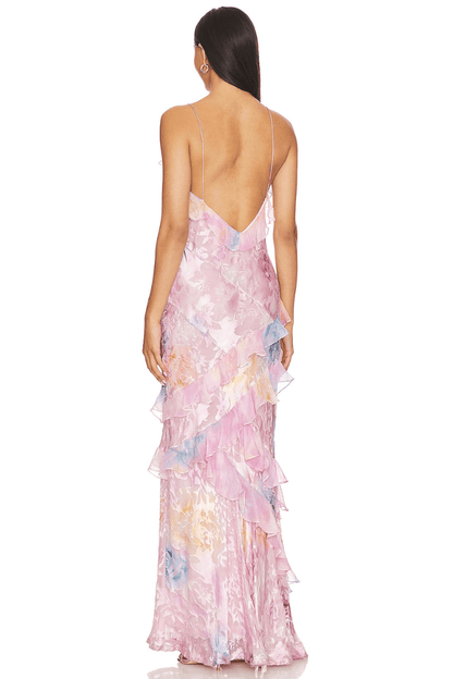Women's Sleeveless Tiered Maxi Dress with V-Neckline and Floral Print