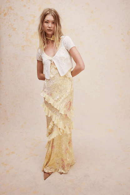 Women's Sleeveless Tiered Maxi Dress with V-Neckline and Floral Print