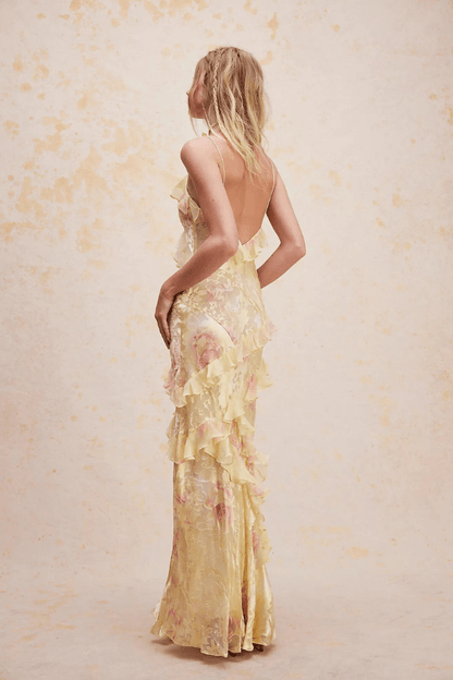 Women's Sleeveless Tiered Maxi Dress with V-Neckline and Floral Print