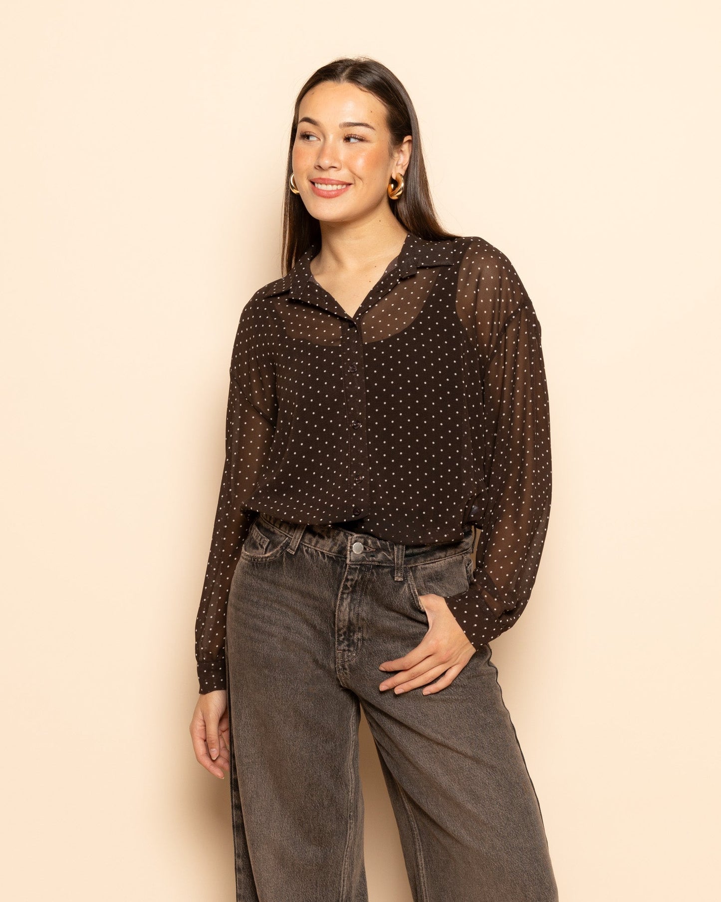 Women's Small Polka Dot Blouse with Button Front Closure and Long Sleeves