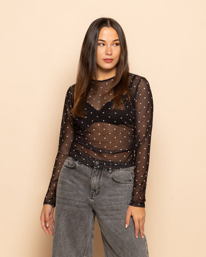 Women's Small Polka Dot Mesh Top with Sheer Construction and Fitted Silhouette