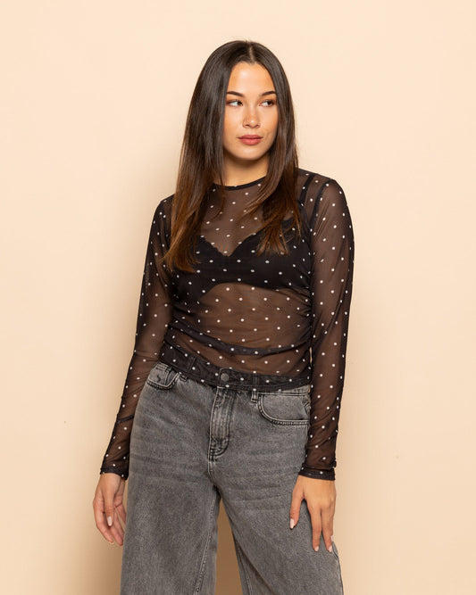 Amber | Women's Small Polka Dot Mesh Top with Sheer Construction and Fitted Silhouette, Summer - Black