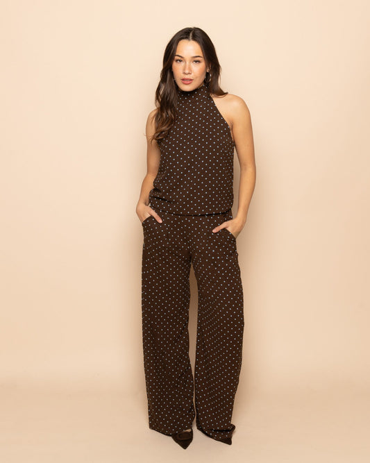 Bo | Women's Small Polka Dot Wide Leg Trousers with Elastic Waistband and Flowing Fit - Brown