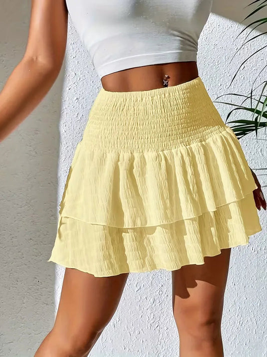 Women's Smocked Waist Mini Skirt with Tiered Ruffle and Flounce Hem