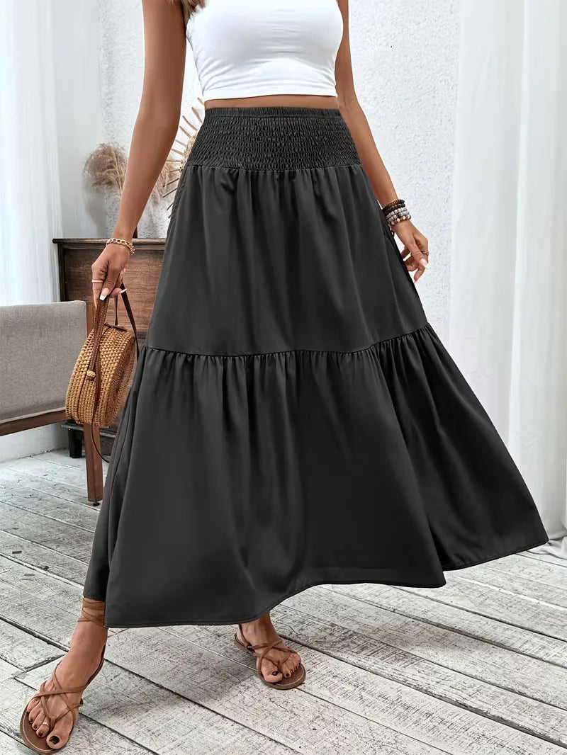 Women's Smocked Waist Tiered Maxi Skirt with A-Line Silhouette